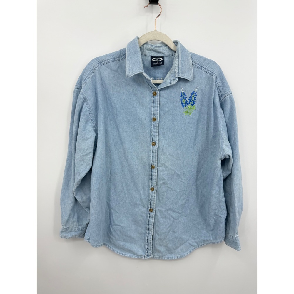 Three Rivers Texas Bluebonnet Denim Shirt Womens Large Blue Embroidered‎ Floral